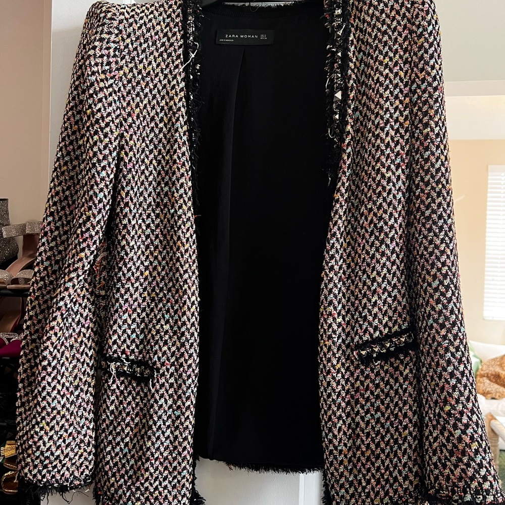 Zara tweed woven blazer with stud detail